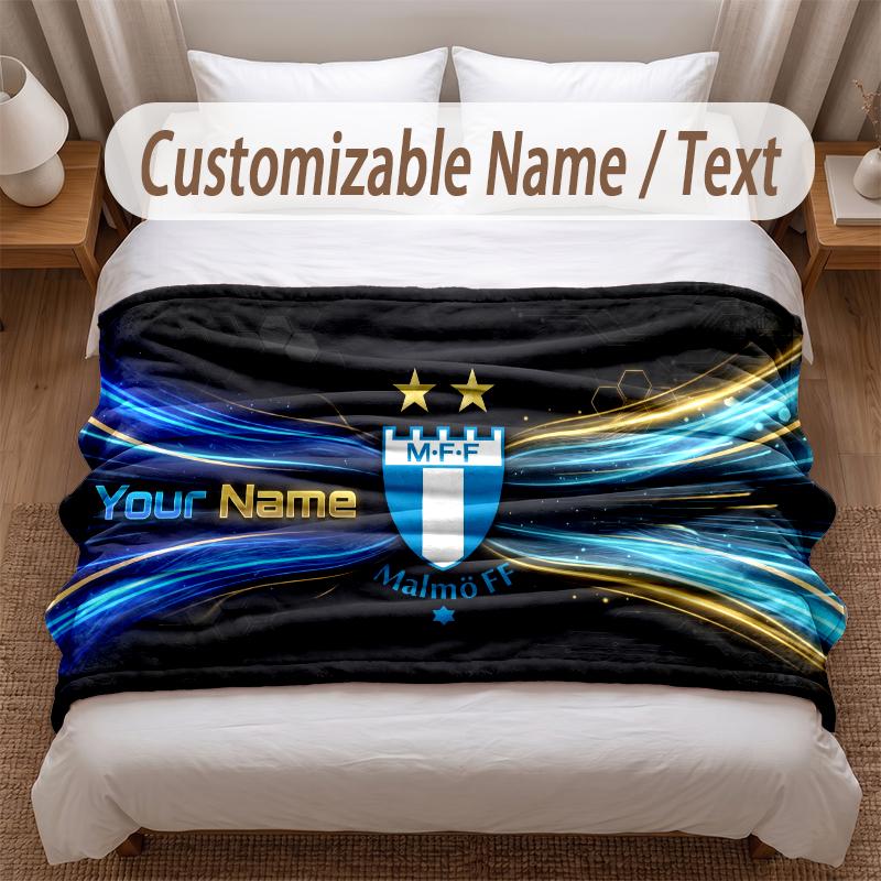 Malmö FF Printed Flannel Blanket Custom Name Text Soft Warm Throw For Bedroom Holiday Gift