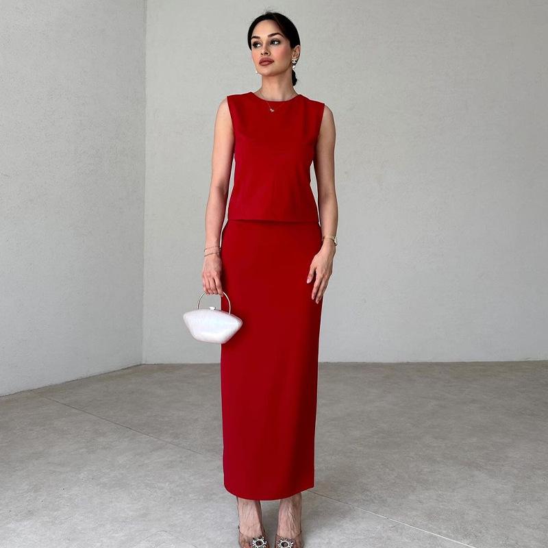 2024 Summer Women's Solid Color Round Neck Casual Two-piece Set Skirt