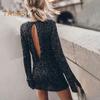 Herbst Frühling Dame Kleid Lange Horn Ärmel Schlitz Manschetten Rundhals Pailletten Etui Hohlkreuz Locker Party Dating Club Mini Kleid