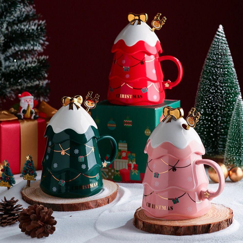 with Lid and Spoon Christmas Tree Ceramic Mug Ceramic Christmas Coffee Cup Decorative   Beer