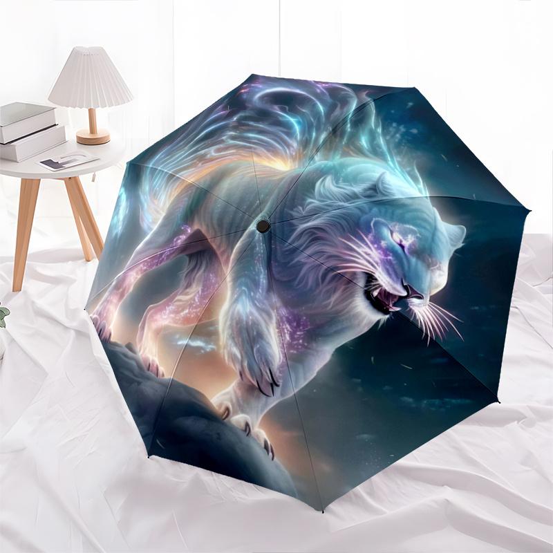 

1pc Enchanted White Tiger Automatic Opening/Closing Umbrella with Portable Tri-Fold Design, 8-Bone Iron Frame - Outdoor Umbrella for Fans, Travel