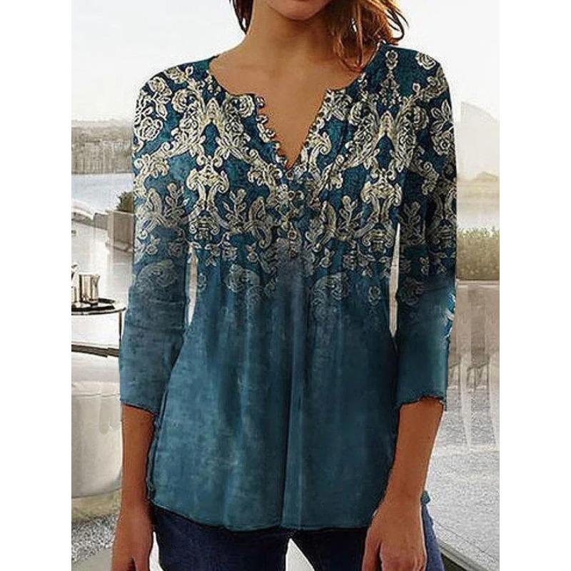 Spring and Summer Women's Blouse Fashion New Women's Floral Print V-neck Short-sleeved Pleated Buttons T-shirt
