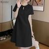 ZANZEA Damen Casual Rundhals Einfarbig Sommer Kurzarmkleid