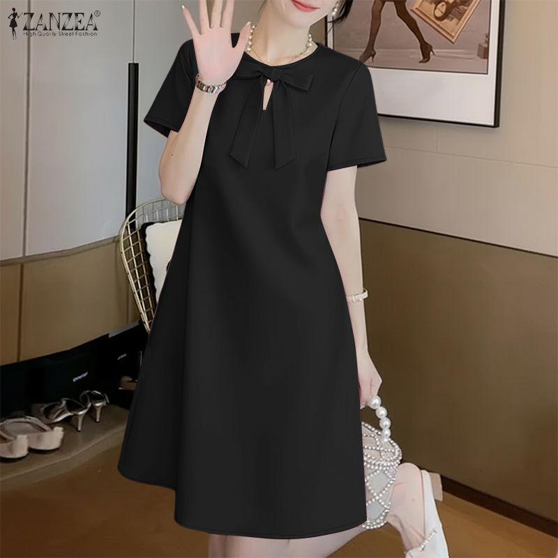ZANZEA Damen Casual Rundhals Einfarbig Sommer Kurzarmkleid