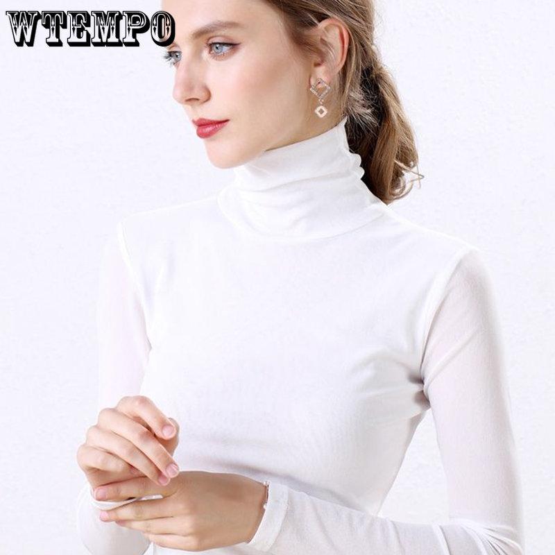 WTEMPO Lady Spring and Autumn Stretchy Mesh High Collar T-Shirts Bottoming Shirts Women's Long Sleeve Solid Slim Thin Basic Tops