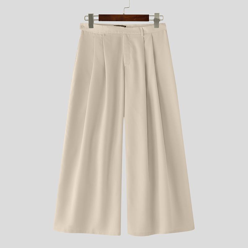 INCERUN Men Zip-up High Waist Casual Long Wide Legs Pants Trousers