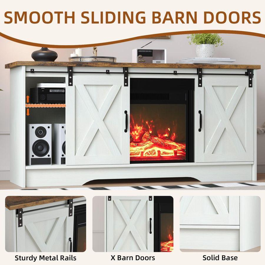 Fireplace TV Stand with Sliding Barn Door, 23 Electric Fireplace Entertainment Center with Adjustable Storage Cabinets, Farmhous