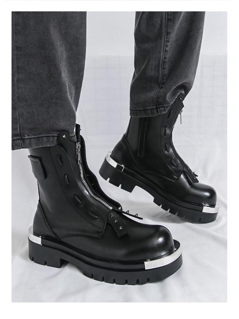 Herbstliche High-Top Lederstiefel - Dicksohlige Reißverschluss-Stiefeletten für Herren im britischen Stil, höhenerhöhende Freizeit- und formelle Kleidung.