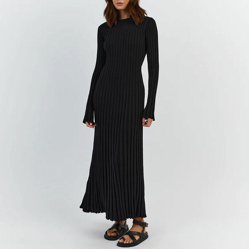 

Женское вязаное платье макси на шнуровке, осеннее модное лоскутное платье с высокой талией и длинными рукавами, свободное однотонное платье, бандажное трикотажное платье M чёрный