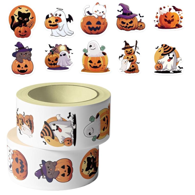 500Pcs/Roll Halloween Pumpkin Cat Ghost Stickers For DIY Journaling Laptop Envelope Scrapbook Home Decal Reward Gift