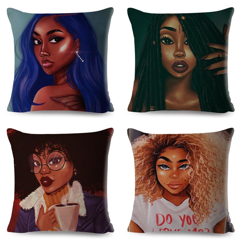 Beautiful Black Women Africa Girl Pillow Case Polyester Decor Colorful Cartoon Cushion Cover For Sofa Car Home Pillowcase 45X45