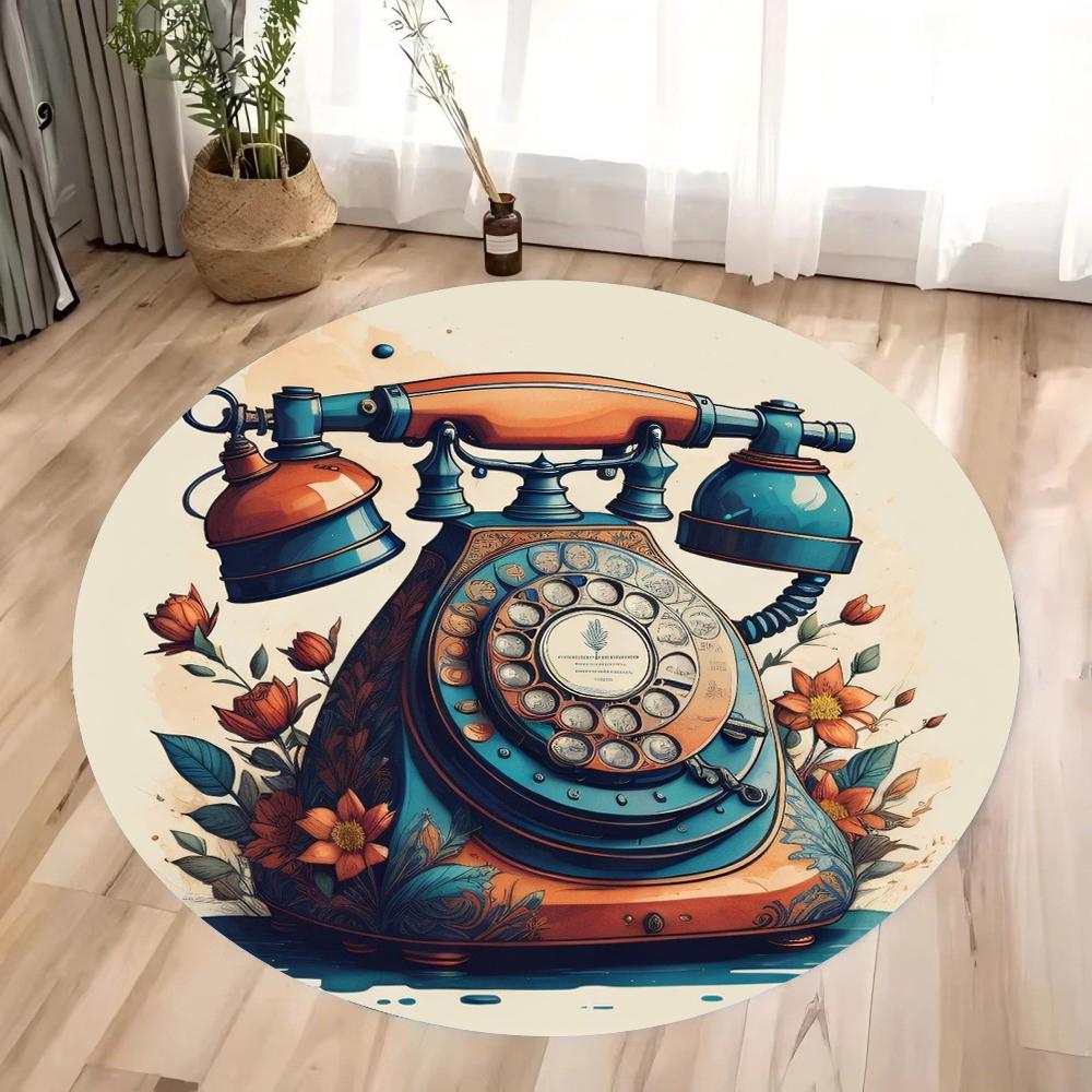 

Vintage Era Sewing Machine Circular Printed Carpet Vintage Old Furniture, Anti Slip Floor Mats Rugs for Bedroom Rug Dining Room 80x80cm
