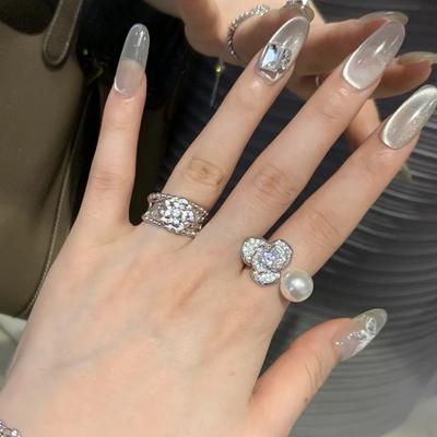 Rose Camellia Pearl Ring Women'S Personality Light Luxury Full Diamond Zir*****Pening Adjustable Ring