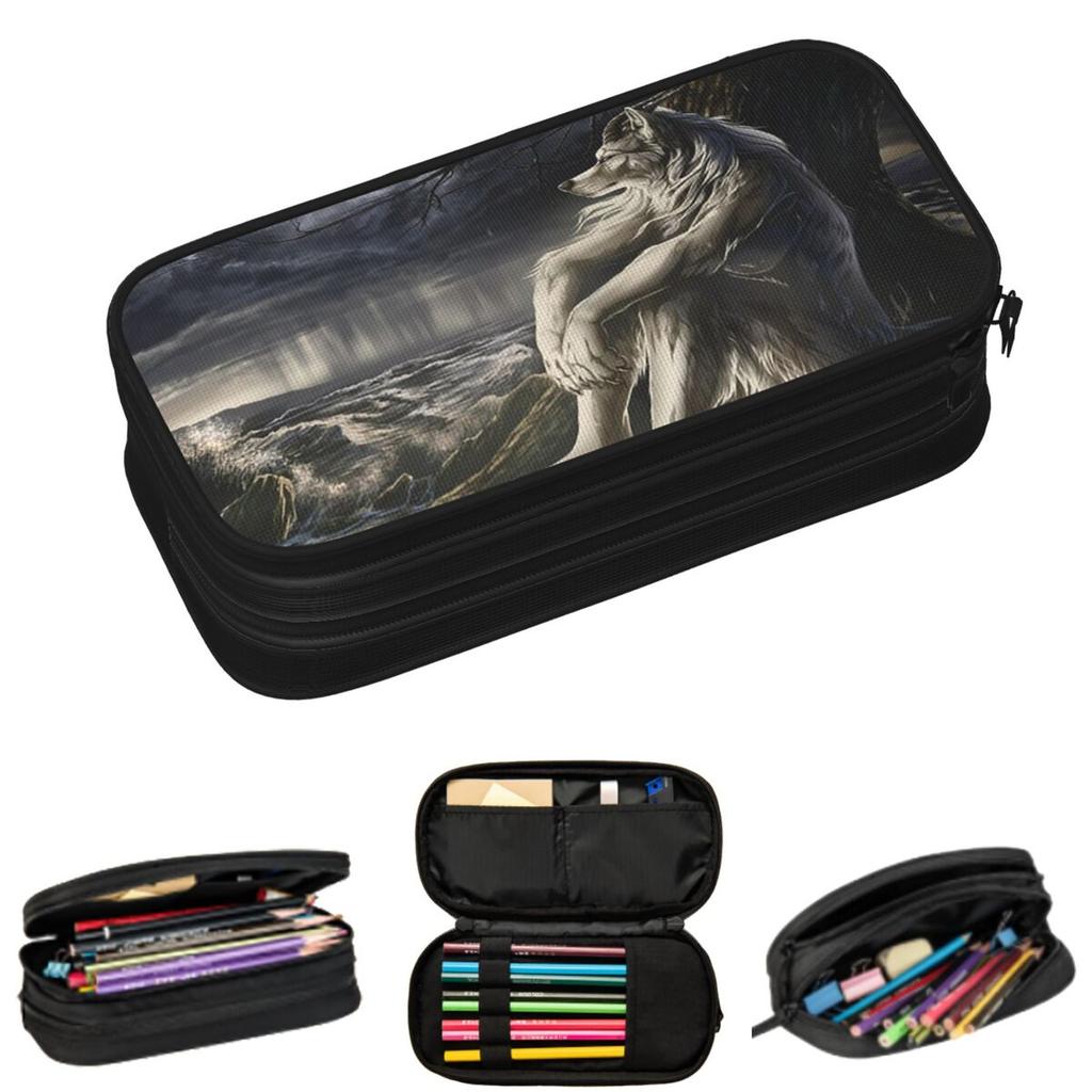 Emo Weißer Wolf Sitzend Traurig Meme Federmäppchen für Schüler Schul Stiftebox Stiftebeutel Große Kapazität Federtasche