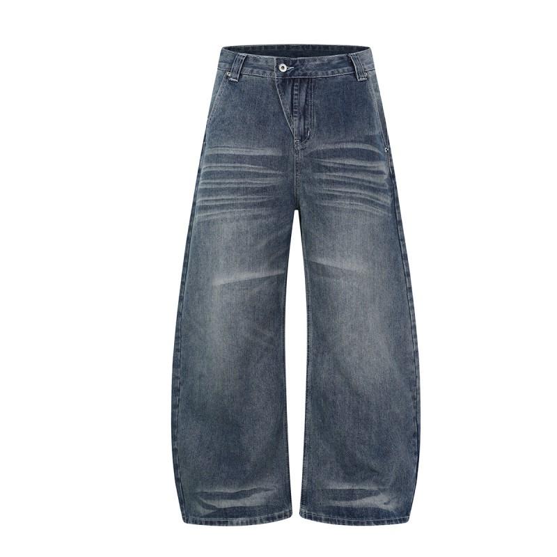 Mens Relaxed Fit Washed Denim Jeans Wide Leg Straight Cut Streetwear Cargo Pocket Pants