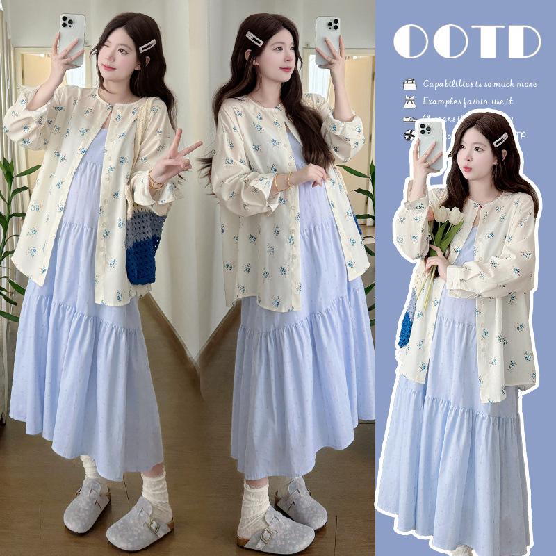 2026 Maternity Floral Two-Piece Set: Spring/Summer Strap Dress & Shirt L