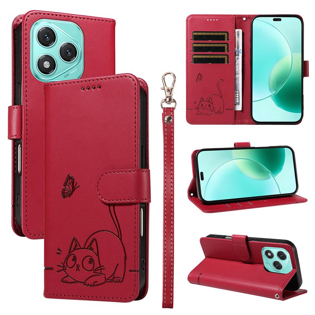 For Honor 400 Lite Case Cat Pattern Imprint Leather Phone Cover with Wrist Strap