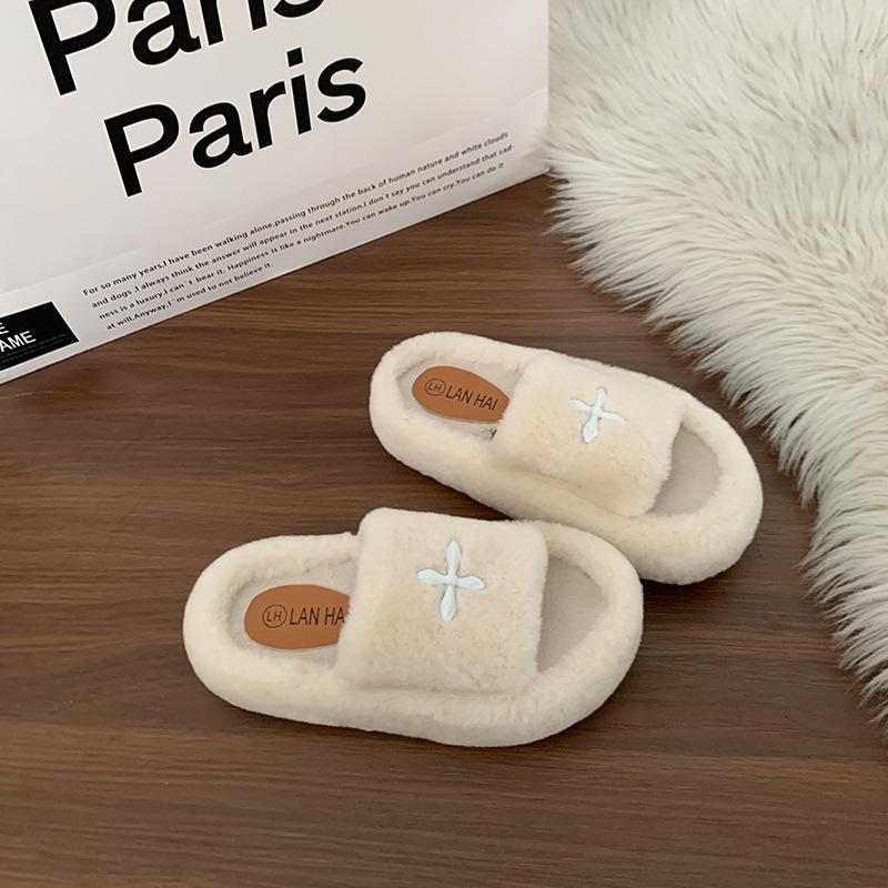 

Internet celebrity popular Mao Mao slippers women s autumn and winter new home wear cross heightened thick bottom women s thermal cotton slippers 40 бежевий
