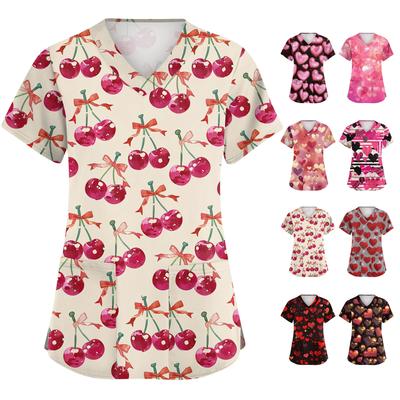 Women's Cute Bow Printed Work Clothes V-neck Double Layer Pockets Basic Short Sleeve Top Pullover