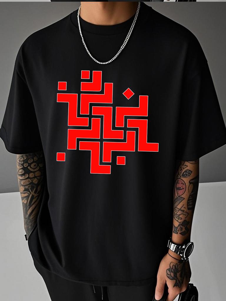 Unisex Summer Beige Short Sleeve Tee Red Arabic Geometric Line Graphic Print Crew Neck Loose Daily Casual Male Fashion Tops