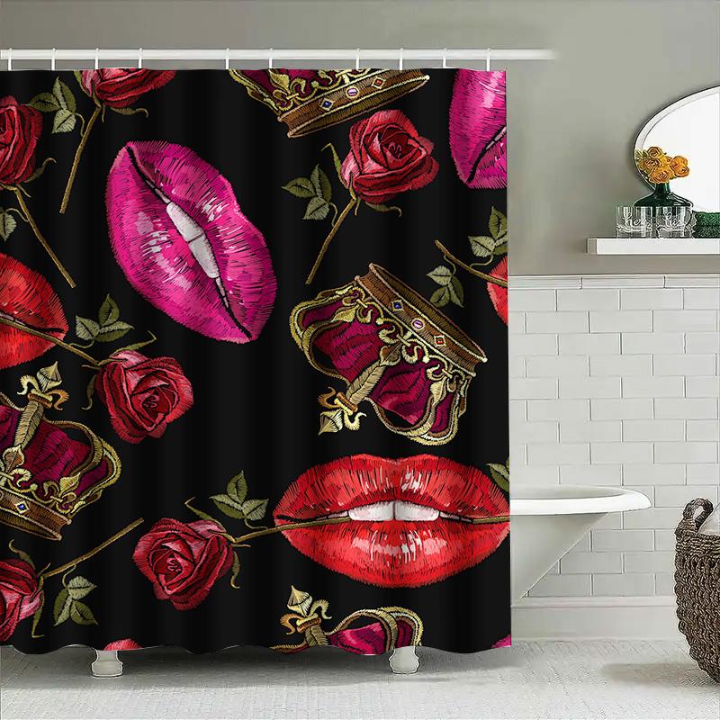 Luxury Crown Lipstick Rose Shower Curtain Bold Print Home Decor For Bathroom Waterproof Fabric With Hooks (Black)