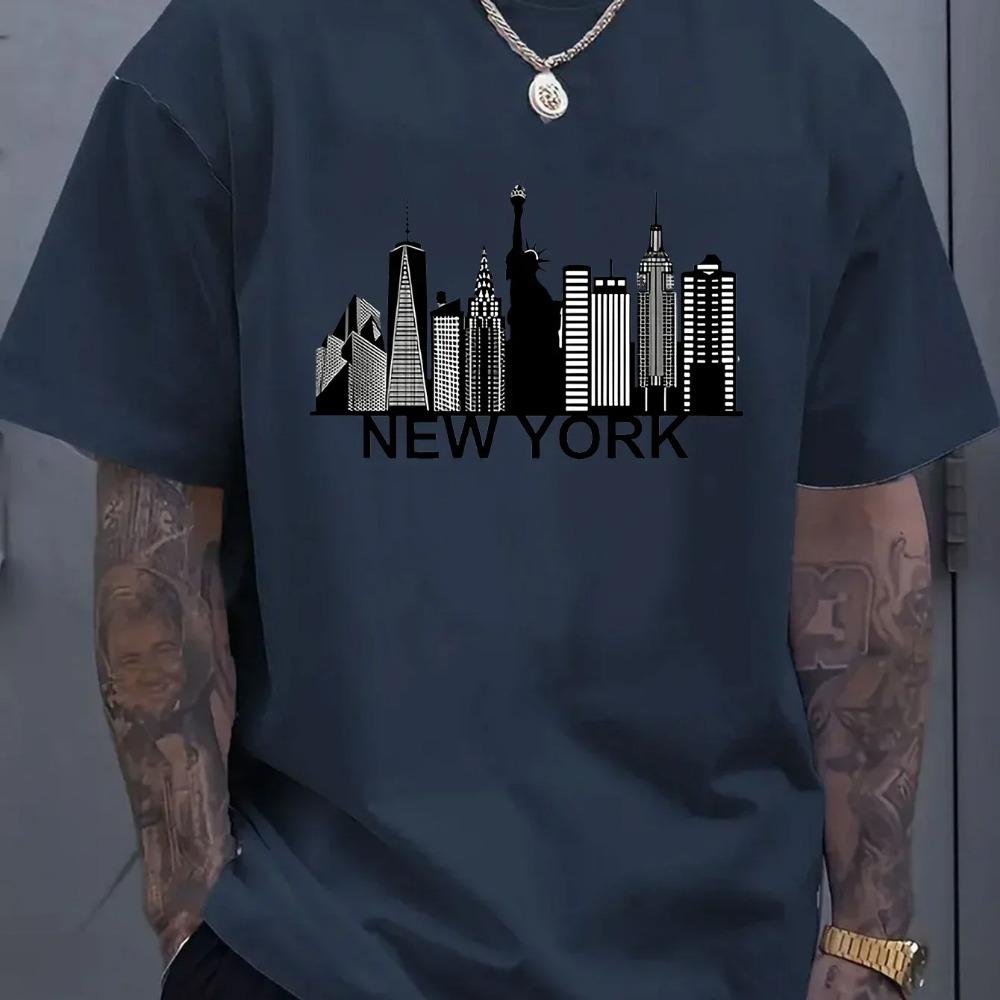 Summer Printed Pure Cotton T-shirt Cityscape Printed Men's Cotton T Shirt Casual Crew