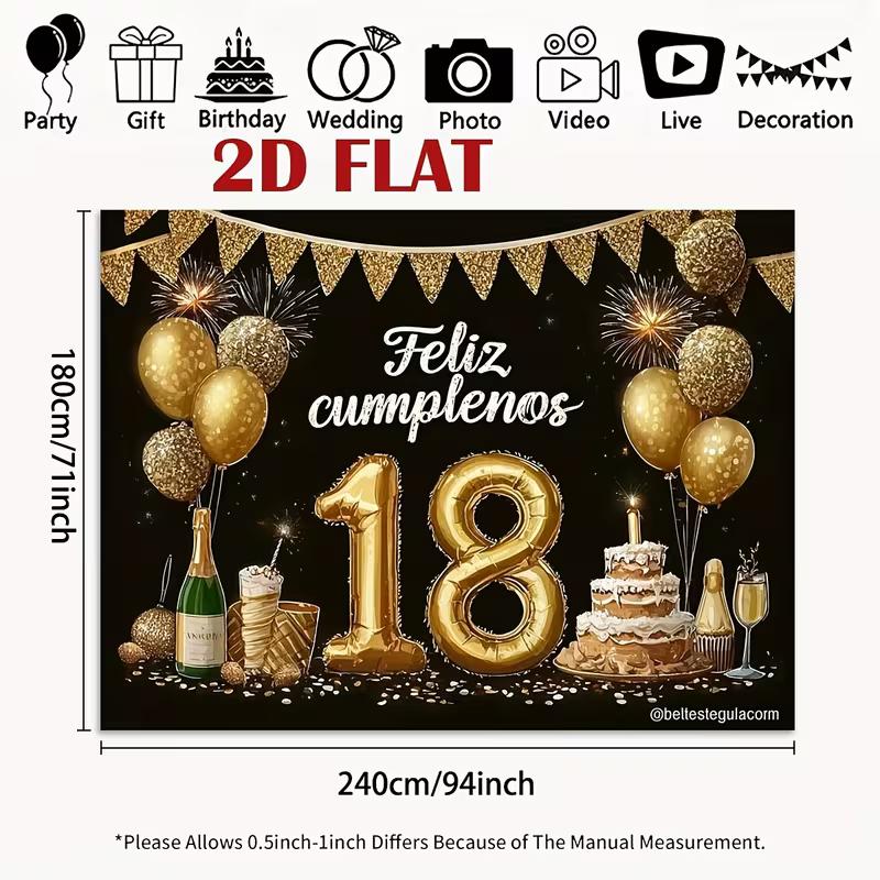 2D Black Gold 18th Birthday Photography Backdrop with Feliz Cumpleaños