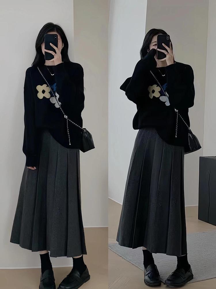 Gray Korean-Style High-Waisted Pleated Midi Skirt for Petite Women: Spring/Autumn A-Line Umbrella Design