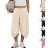 Women Elastic High Waist 3/4 Pant Casual Fit Wide Capris Leg Pants Trousers With Pockets