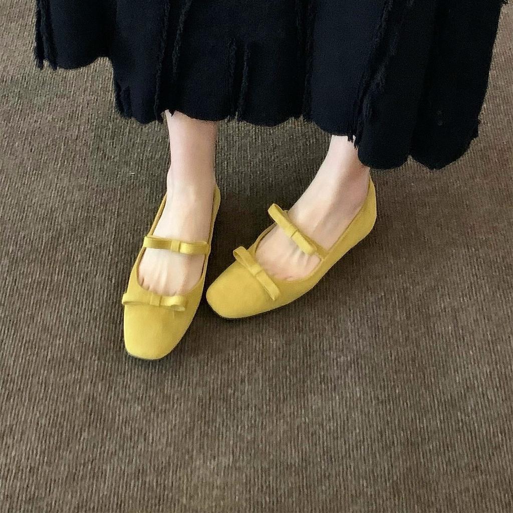 Jonmei for San Nei heightening retro suede ballet single shoes women's shoes 2025 autumn bow evening shoes