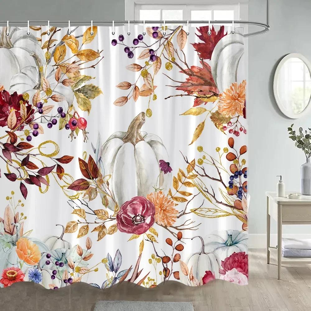 Fall Pumpkin Shower Curtains Yellow Maple Leaves Sunflower Black And White Buffalo Check Rustic Autumn Bathroom Decor With Hooks