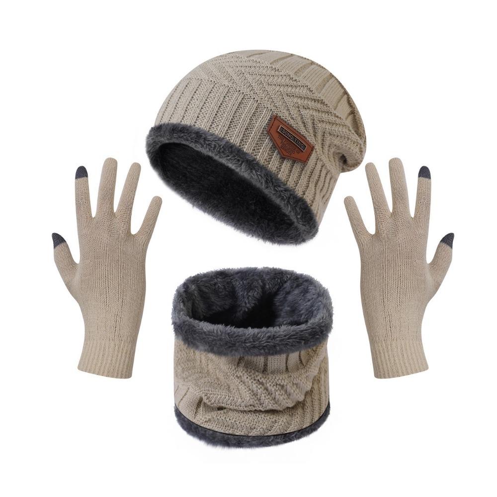 4pcs/set Soft Winter Beanie Hat Scarf Set Thicken Fleece Lined Thermal Knitted Gloves Thermal Protection Cap Warm Wool Hat