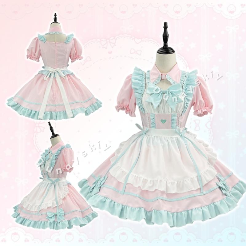 BFF Matching Outfit Anime Lolita Blue/Pink Maid Dress Cafe Style Sweet Lolita Kawaii Maid Cosplay Costume Girl Woman Apron Dress