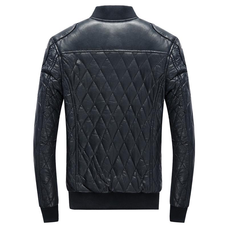 Youth Blue Leather Jacket with Stand Collar, Zipper, Side Pockets, and Round Hem - European-American Style, Winter Collection.