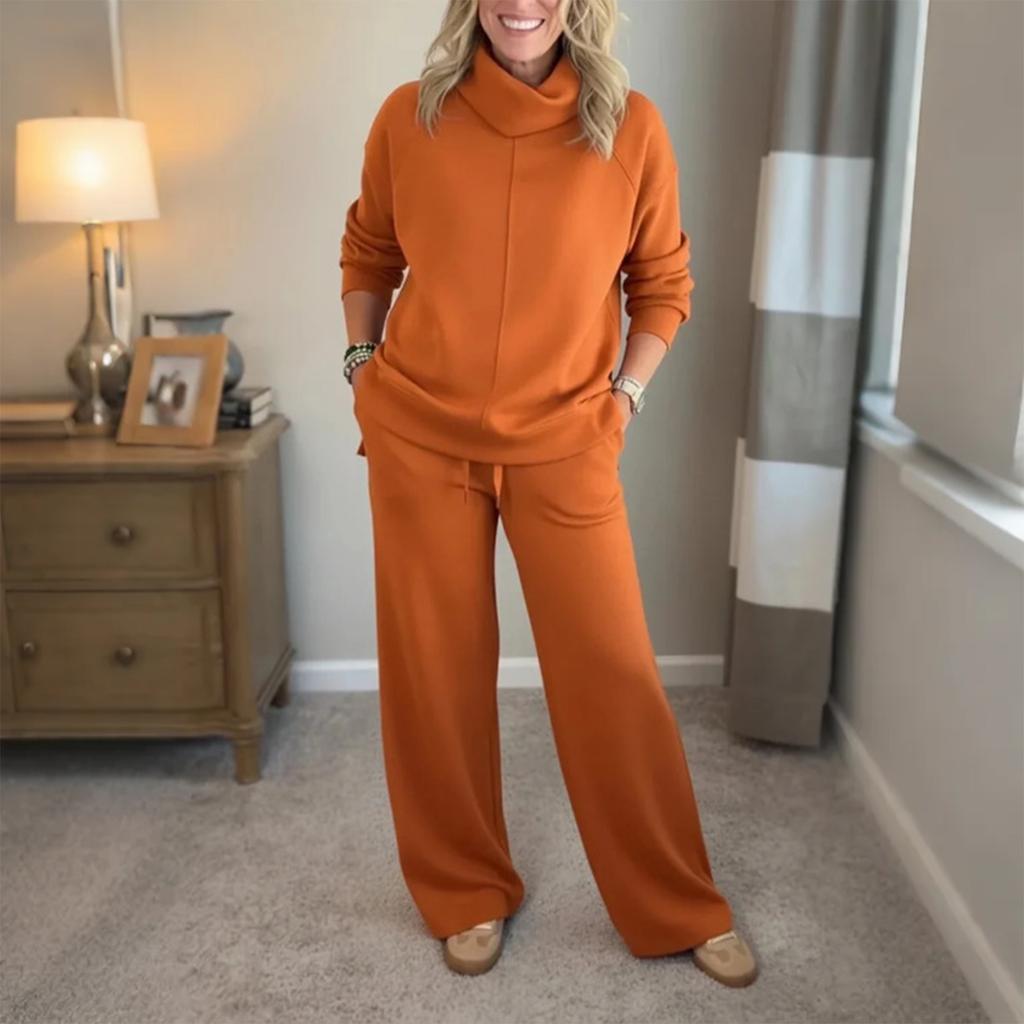 Women's Fashion Solid Color High Neck Long Sleeved Hem Slit Sweatshirt Top Casual Sweatpants Two-piece Set