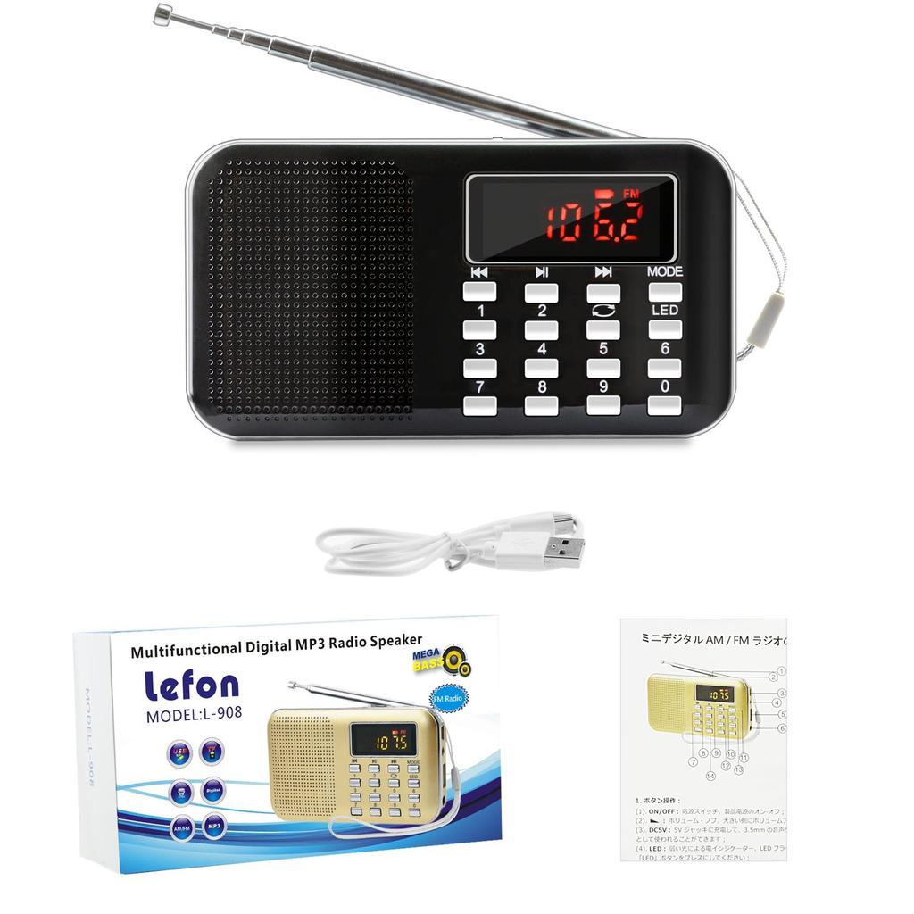 LEFON Rechargeable Multifunctional AM FM Pocket Radio Card Compatible MP3 Player LED Light Portable Radio USB.microSD (Black)