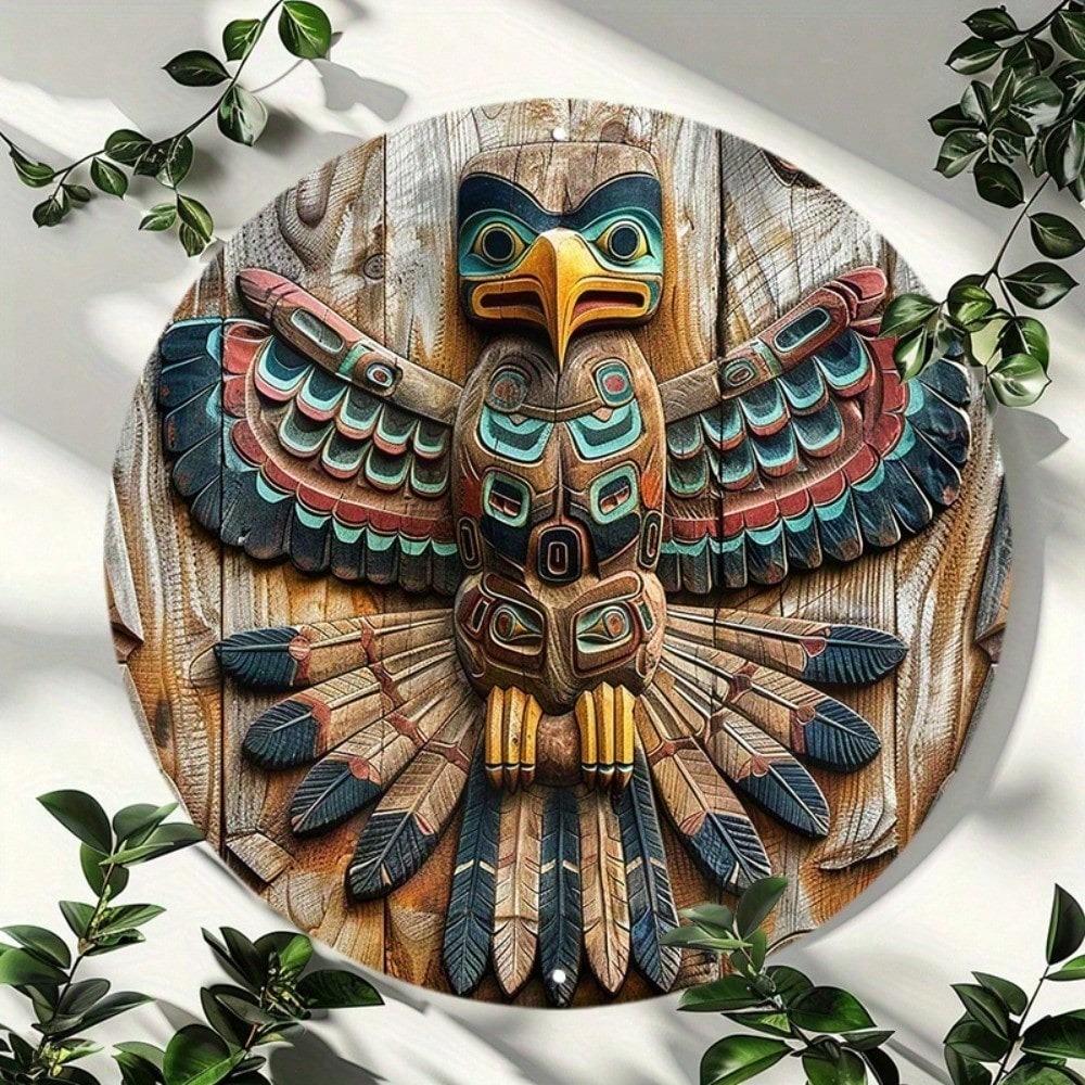 Retro Metal Tin Sign Native American Totem Pole, Round Wall Art Decor, Waterproof Outdoor Plaque, Pre-Drilled 4 Holes