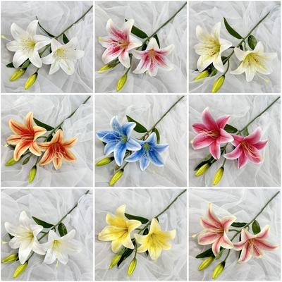 67cm Artificial Lily Flower 3D Printing 2 Heads Fake Lily Bouquet DIY Silk Wedding Bridal Bouquet for Home Wedding Decor