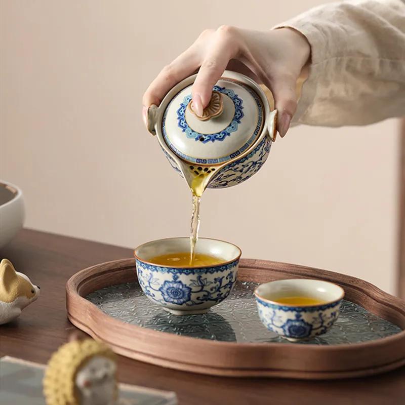 Chinesische Ru-Ofen Keramik Teekanne Teetasse Handgefertigt Blumen Teeschale Schönheit Tee-Sieb Kessel Reise Tragbar Haushalt Teegeschirr