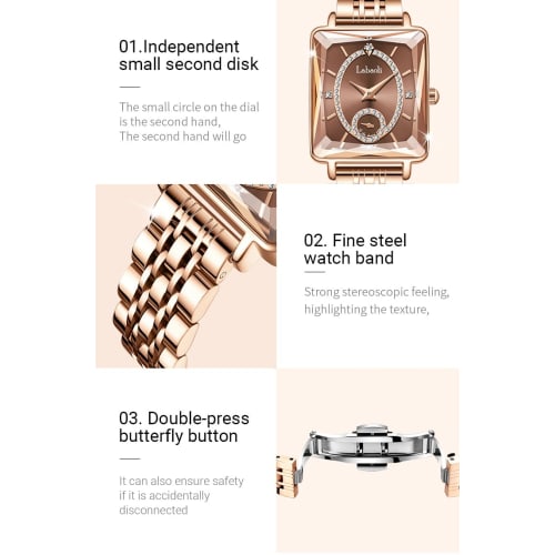 Women's Gold Square Wristwatch with Diamonds, Waterproof, Simple, Stylish, Casual, Business, Brand Name, Stainless Steel, Small, Luxury, Gift, Brown