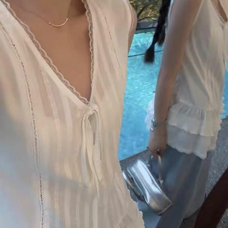 Stacked Sleeveless Vest Skirt Women's Summer French Babes Bow Lace Edge Suspender Base White Inner Top
