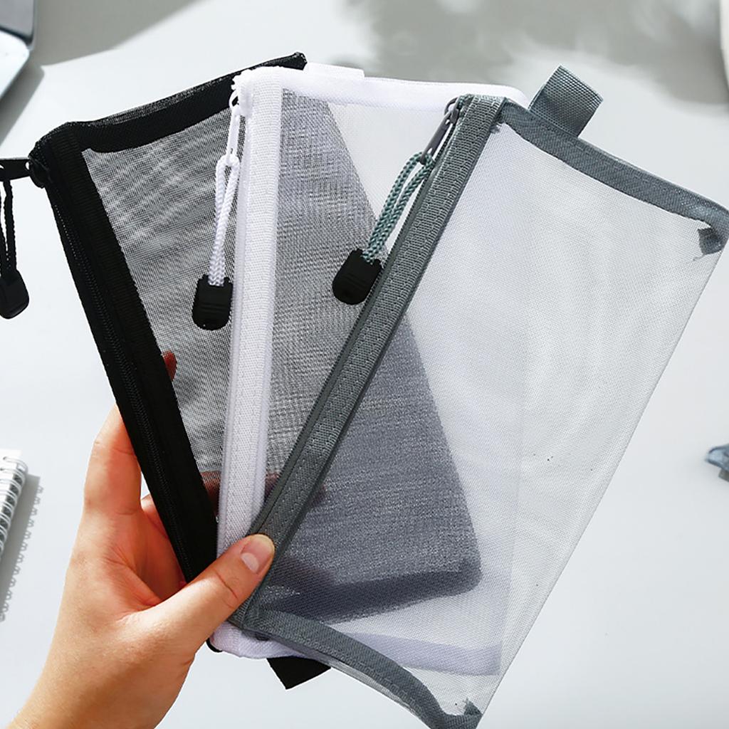Transparent Mesh Stationery Bag Nylon Zip Pencil Case Large Capacity Storage Bag Travel Back-to-School Office School Supplies