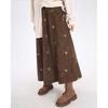 Vintage Brown Velvet A-Line Midi Dress Autumn Floral Embroidery Korean Style Over-Knee Long Dress