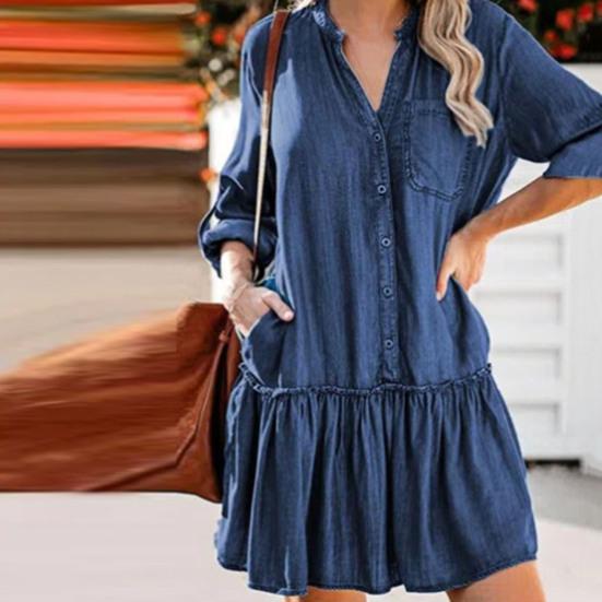 V-Ausschnitt Einreihiges Denim-Kleid Aufkrempelärmel Rüschensaum Einfarbiges Mini-Kleid Streetwear