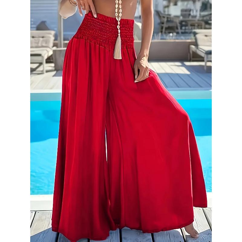 Spring Summer Solid Color High Waisted Ice Silk Trousers Casual Versatile Elastic Pocket Wide Leg Pant