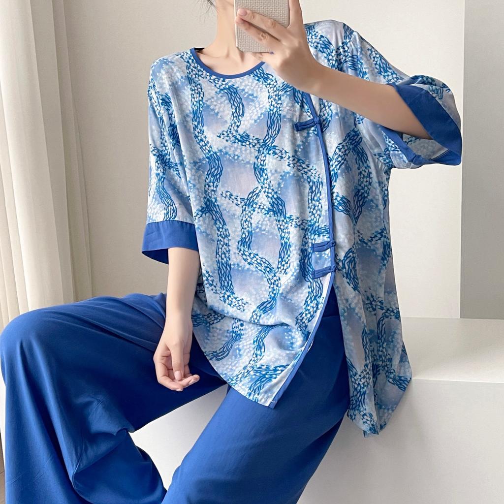 Hanfu pajamas women's spring summer new Chinese-style cotton and silk suit cotton silk medium-sleeved loose loungewear can be worn thin