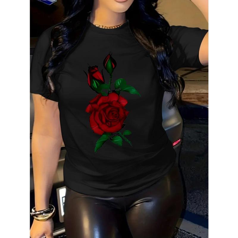 

European sizes Women S Soft Pink T-Shirt - Elegant Red Rose Floral graphic Tee, Relaxed Fit Round Neck Top for Everyday & Formal Outfits 4XL