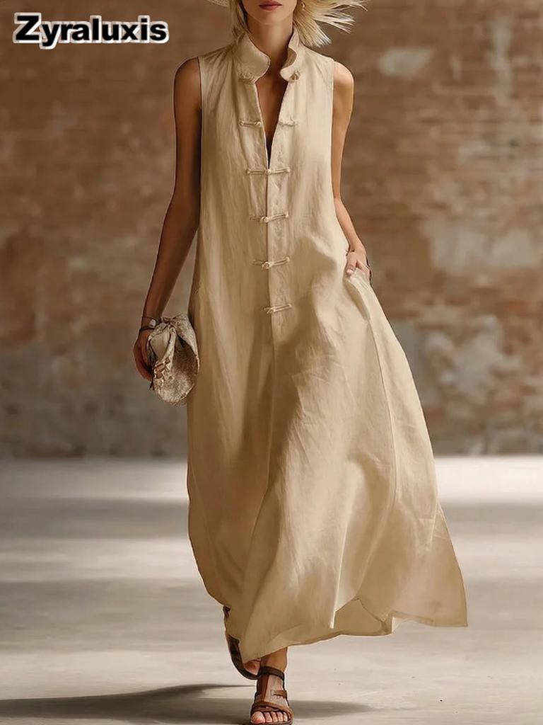 Summer New Solid Women's Linen Long Sleeveless Dress