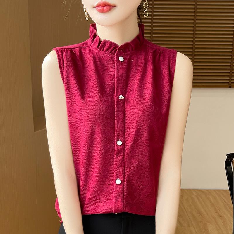 Women's Spring and Autumn New Retro Style Half-high Round Neck Wooden Ear Edge Jacquard Hollow Loose Sleeveless Vests