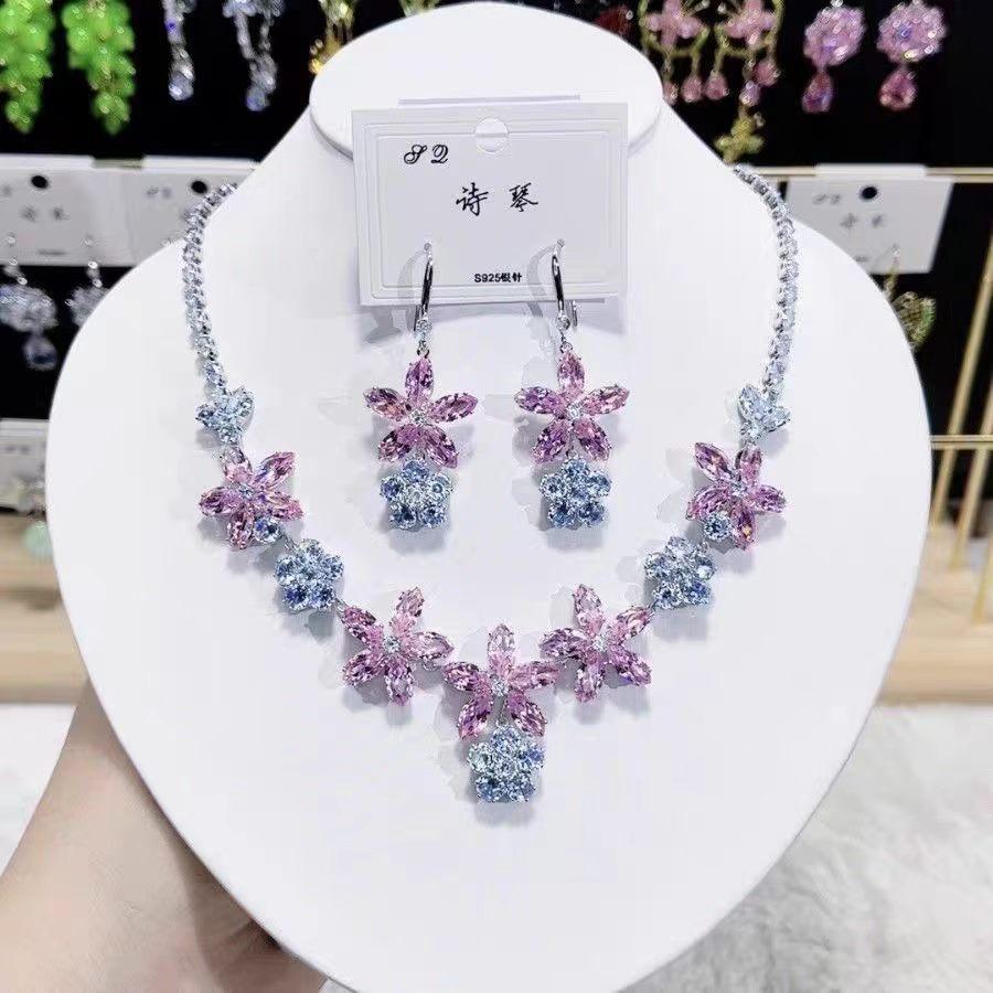 Super Flash Pink and Blue Contrasting Color Flash Diamond Flower Necklace Earrings Fashionable Versatile Temperament Unique High-end Design Set